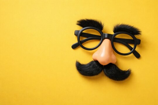 Funny disguise glasses with fake nose and mustache on bright yellow background minimal prank concept