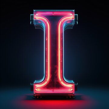 Alphabet capital letter I text. Futuristic neon glowing symbol, logo on dark grunge background.