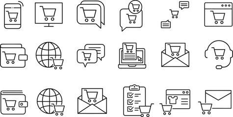 Ecommerce shopping cart and online retail line icon set representing digital marketplace, mobile shopping app, secure payment, order delivery and customer service concept © HridayChandra