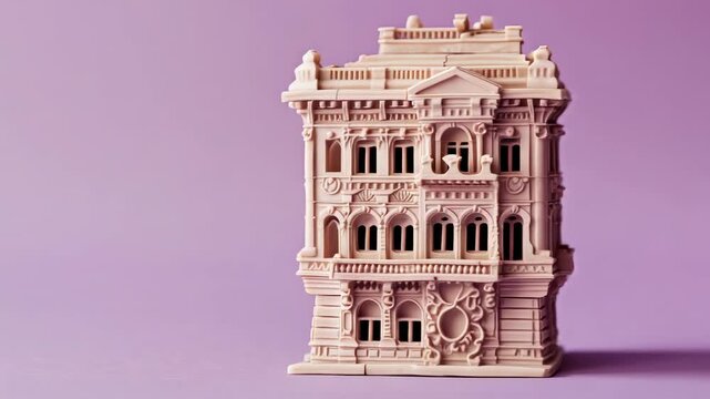 Intricate architectural model on a solid purple backdrop