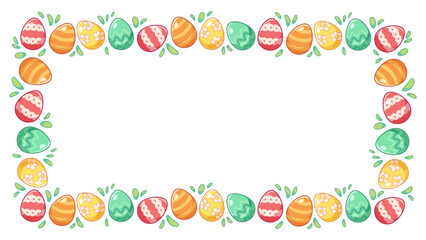 Background with frame of Easter eggs, colorful patterned eggs. Template for festive design, text, Easter greetings © Sonika
