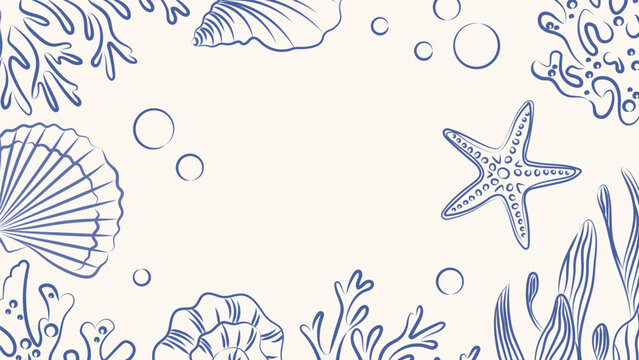 Background with hand drawn corals and shells. Vintage marine background, ocean or seabed. Vector template for design.
