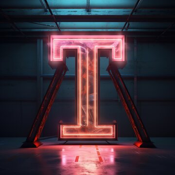 Alphabet capital letter T text. Futuristic neon glowing symbol, logo on dark grunge background.