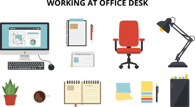 Office desk with computer chair lamp notepad calendar coffee plant sticky notes and pen