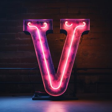 Alphabet capital letter V text. Futuristic neon glowing symbol, logo on dark grunge background.