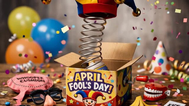 Colorful April Fools Day jack in the box toy popping out with festive confetti party scene
