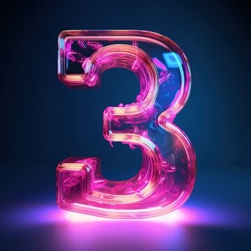 Number 3 three. Futuristic neon font, digital glowing symbol, logo on dark grunge background.
