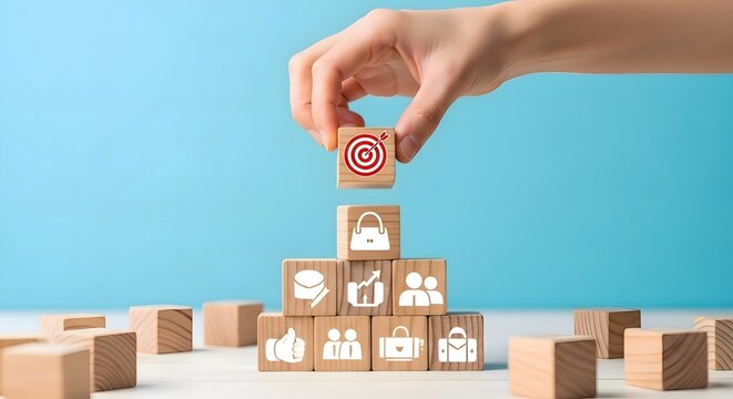 Business strategy goal achievement concept with wooden blocks stacking as step ladder to target 94
