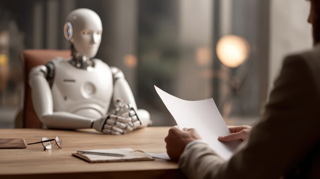 A focused businessman reads a document while sitting opposite an advanced humanoid robot at a well-lit wooden desk in a contemporary office setting.
