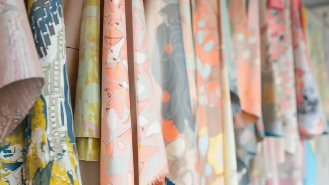 ssorted colorful fabrics hanging, showcasing diverse patterns and textures