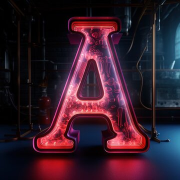 Alphabet capital letter A text. Futuristic neon glowing symbol, logo on dark grunge background.