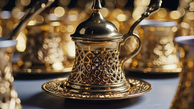 Golden coffee pot and cups on a decorative tray indoors