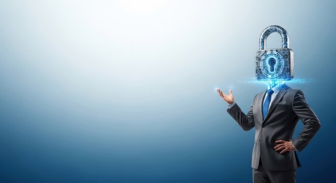 Broad empty negative space highlighting an enterprise leader with 3D cybersecurity lock head projecting resilient leadership and confident foresight