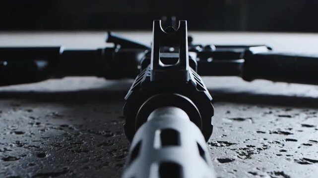 Assault rifle barrel and metallic ammunition casings resting on a dark concrete surface, with a dramatic camera push-in motion creating a tense video footage.