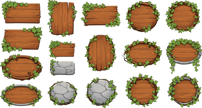 Wooden signboards with green ivy leaves collection, rustic wood banners and stone frames vector illustration set