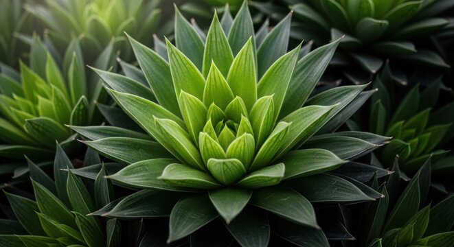 Vibrant green succulent plant with pointed leaves in a symmetrical rosette pattern, close-up top view, natural light, botanical garden background