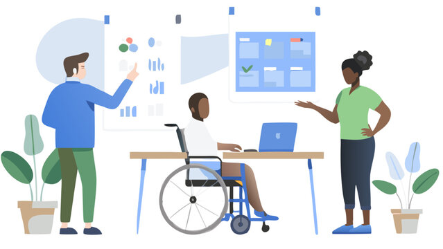 Diverse team collaborating in modern office with wheelchair accessibility