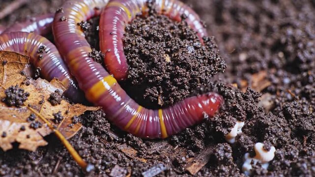 Vibrant earthworm actively wiggling and burrowing through dark, rich, moist garden soil and decaying leaves, showcasing nature's decomposition process in detailed motion footage clip.