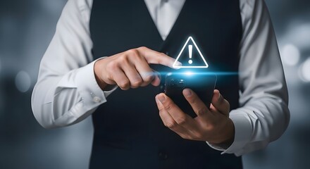 Man using smartphone with warning alert notification error message security breach concept image