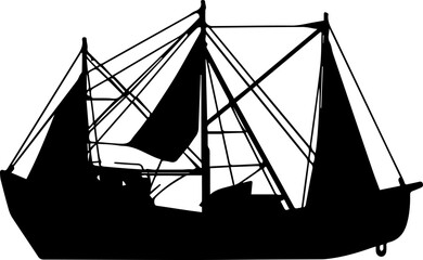Black Silhouette of a Traditional Sailing Ship with Multiple Masts and Sails Isolated on White Background © Rezowan 