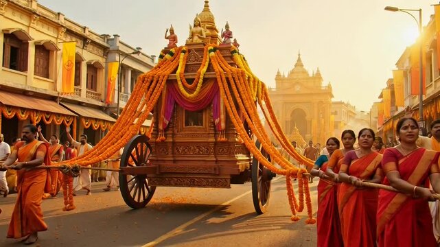 Colorful Chithirai Thiruvizha Procession in Madurai with Devotees and Decorated Carriages