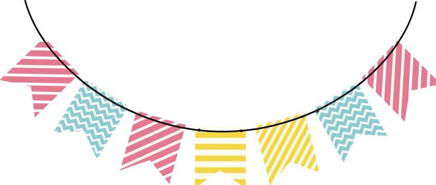 Colorful party bunting flags garland with striped and zigzag patterns, festive celebration banner vector illustration