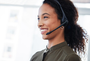 Smile, headset and woman in call center for help desk, multilingual support and contact us. Happy agent, hotline and person in workplace for customer service, language translation or feedback