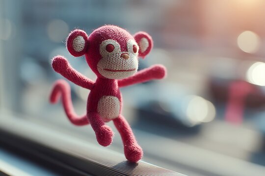 Pink knit monkey balancing on window ledge