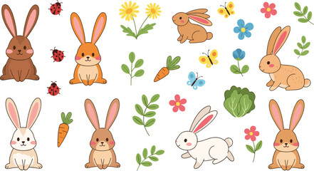 Cute bunny rabbits with flowers, carrots and butterflies collection, adorable spring animals vector illustration set © Shabita