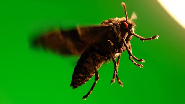 A large, eerie moth fluttering erratically and drawn to a light, isolated on green screen night creature, bug, large moth