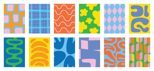 Colorful abstract geometric pattern vector set with green pink blue orange and cream shapes. Modern playful retro design for wallpaper, textile, packaging, poster and background.