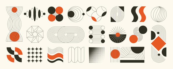 Plakat Mid century abstract vector element set. Retro aesthetic contemporary stripe line art, geometric shape in monochrome. Art form design for wall art, decoration and wallpaper. 
