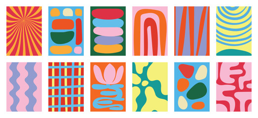 Fototapeta premium Colorful abstract geometric pattern vector set with green pink blue orange and cream shapes. Modern playful retro design for wallpaper, textile, packaging, poster and background.