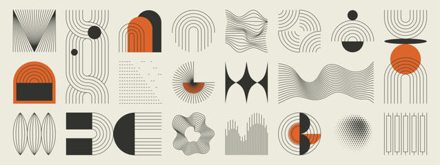 Obraz premium Mid century abstract vector element set. Retro aesthetic contemporary stripe line art, geometric shape in monochrome. Art form design for wall art, decoration and wallpaper. 