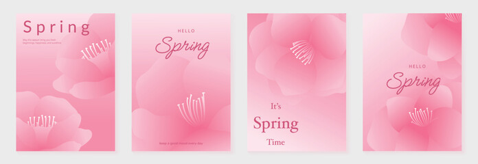 Spring flower gradient poster vector set with pink floral blossom and soft pastel background. Elegant seasonal design for greeting card, invitation, social media, wall art and branding. © TWINS DESIGN STUDIO