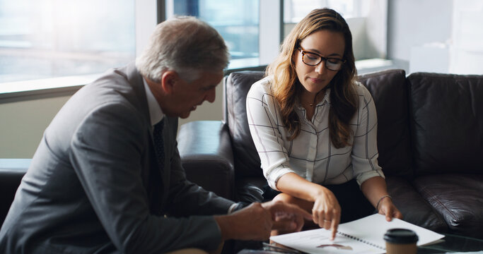 Attorney, paralegal and meeting in office with document, manager advice and feedback for evidence file. Lawyer, people and discussion in firm with lawsuit administration, paperwork and collaboration.