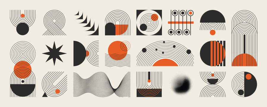 Mid century abstract vector element set. Retro aesthetic contemporary stripe line art, geometric shape in monochrome. Art form design for wall art, decoration and wallpaper.	