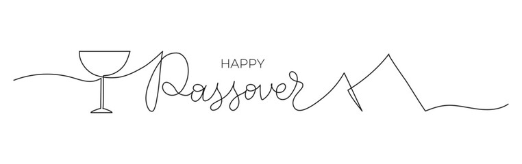 Happy Passover one line art text banner. Handwritten calligraphy greeting with editable stroke. Celebrated on the first Sunday after the full moon. Vector holiday illustration. © Zhi_zhi_art