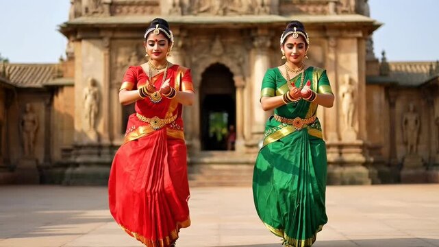 Traditional Bharatanatyam Dance Performance of Women in Colorful Costumes at Ancient Temple Courtyard