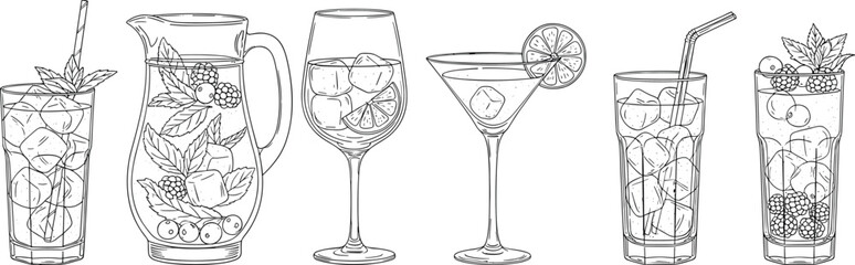 Fresh fruit cocktail drinks illustration, berry citrus beverages collection, martini wine glass pitcher iced drink line art set © Athier
