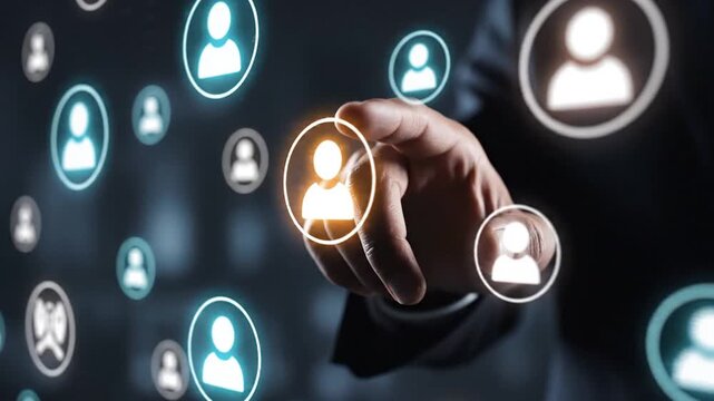 A person interacts with glowing user interface icons in a dark digital environment.