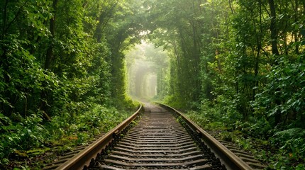 Obraz premium Romantic Green Tree Tunnel Railway Tracks Tunnel of Love Klevan Ukraine Misty Morning Photo