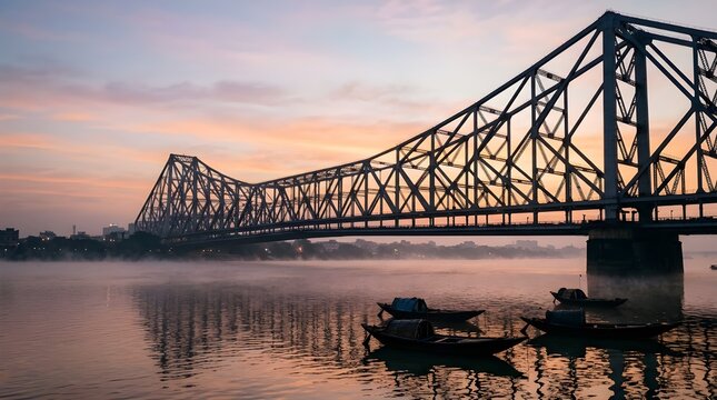 Iconic Howrah Bridge Dawn Fog Hooghly River Kolkata India Steel Architecture Riverside Landscape