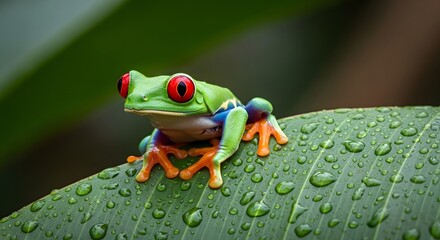Fototapeta premium Redeyed tree frog on a large leaf, perfect for naturethemed designs, educational materials, and wildlife conservation campaigns.