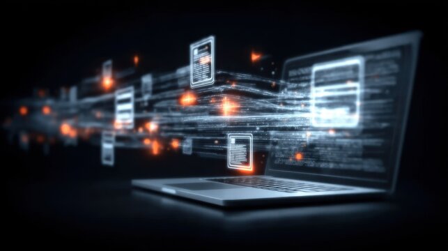 A computer with technology and software processes digital datum for online banking as a digital wave flows across the screen.