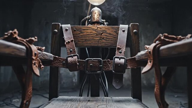 Antique wooden restraint device with heavy leather straps and metal fittings in a dark ominous room with smoke effects