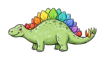 Fototapeta premium Cute cartoon green Stegosaurus with rainbow plates and spikes, smiling happily on a white background.