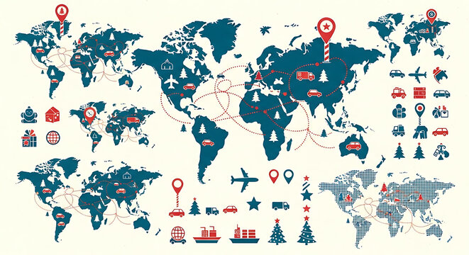 Global Christmas Delivery Network - World Map with Holiday Transport Routes and Vehicle Icons in Teal and Red