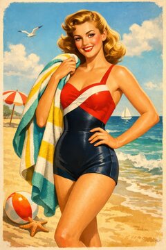 Classic pinup illustration of a blonde woman in a patriotic style swimsuit holding a colorful towel by the sea, ideal for retro summer marketing, beach bars, and coastal wall art.