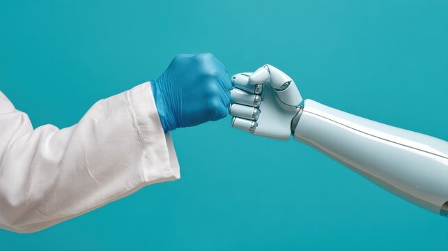 A human hand wearing a blue surgical glove gives a fist bump to a modern robotic hand, symbolizing technological collaboration.